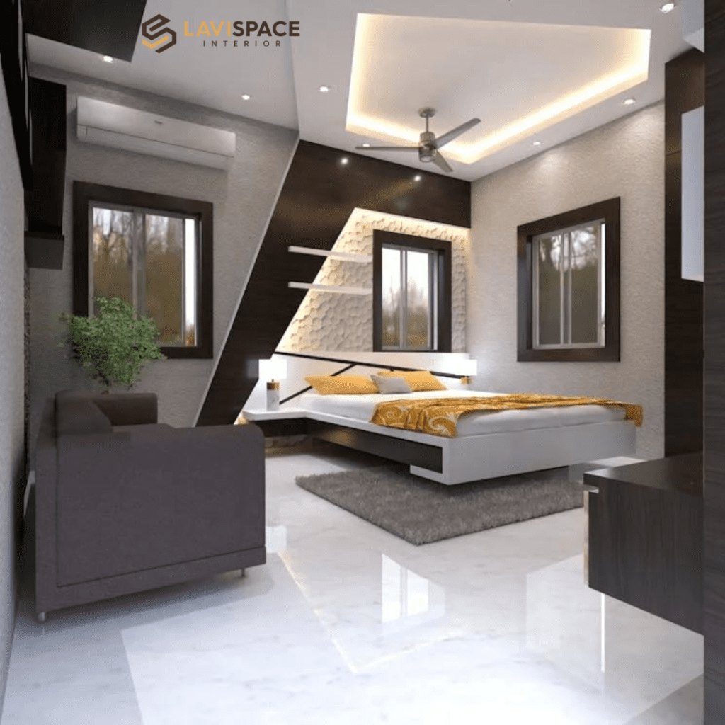 Bedroom Ceiling Design with false ceiling and fan.