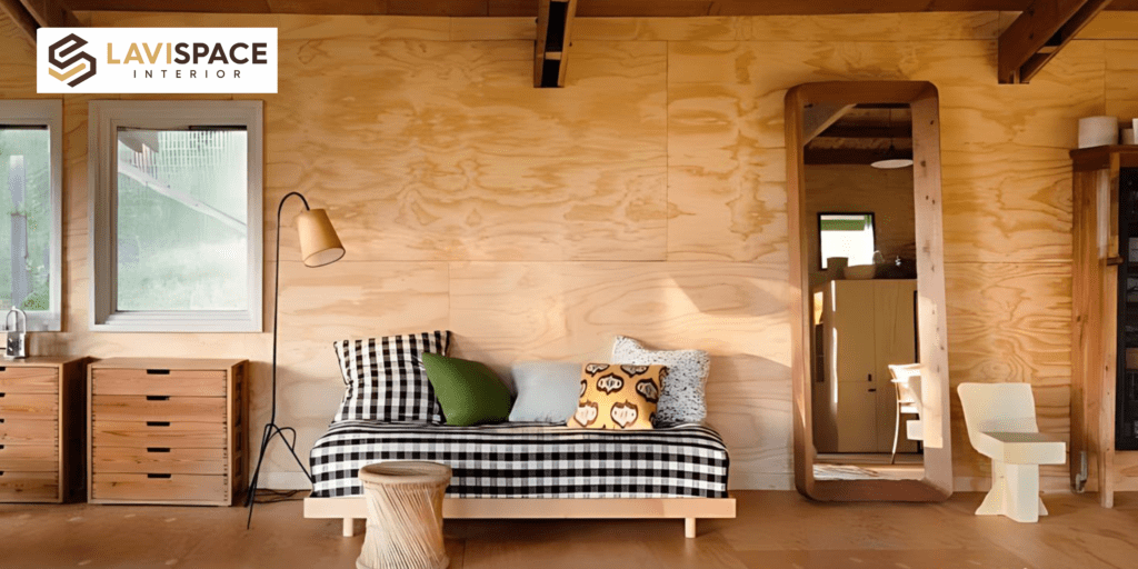 Reclaimed wood used in sustainable home interior design.