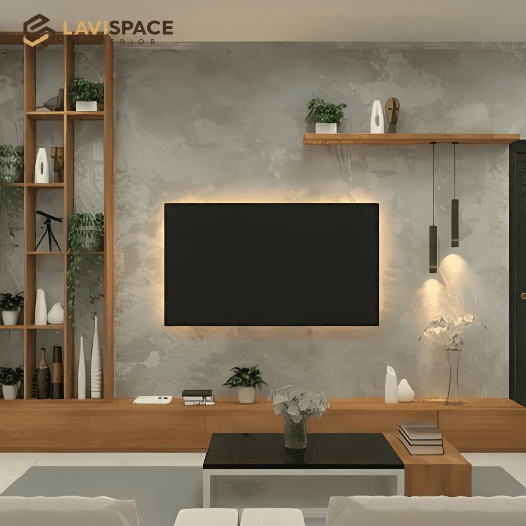 Modern living room with wall-mounted TV, shelves, plants, and minimalist decor.