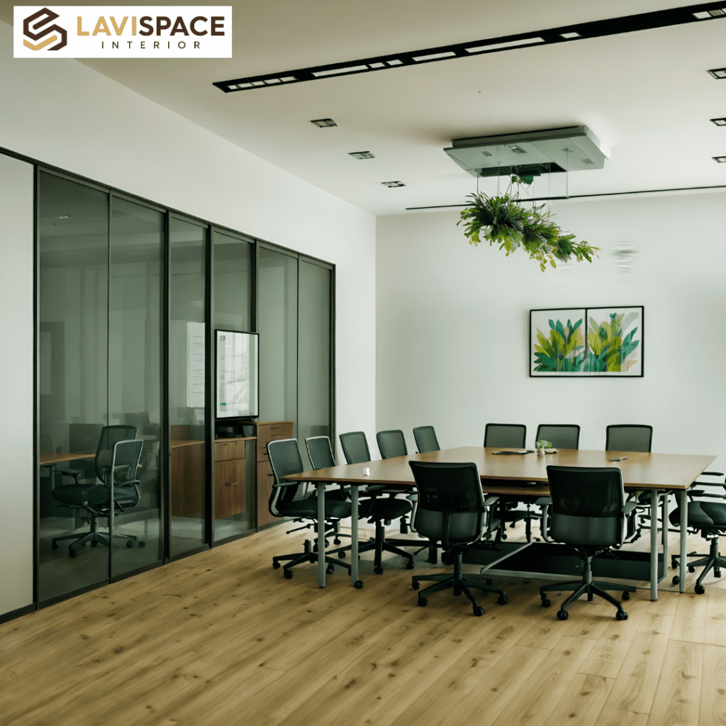 Modern conference room with a large table, ergonomic chairs, and vibrant decor.