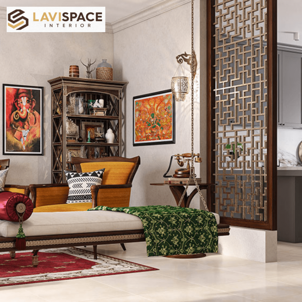 Traditional interior design with ornate furniture, colorful artwork, and decorative accents.