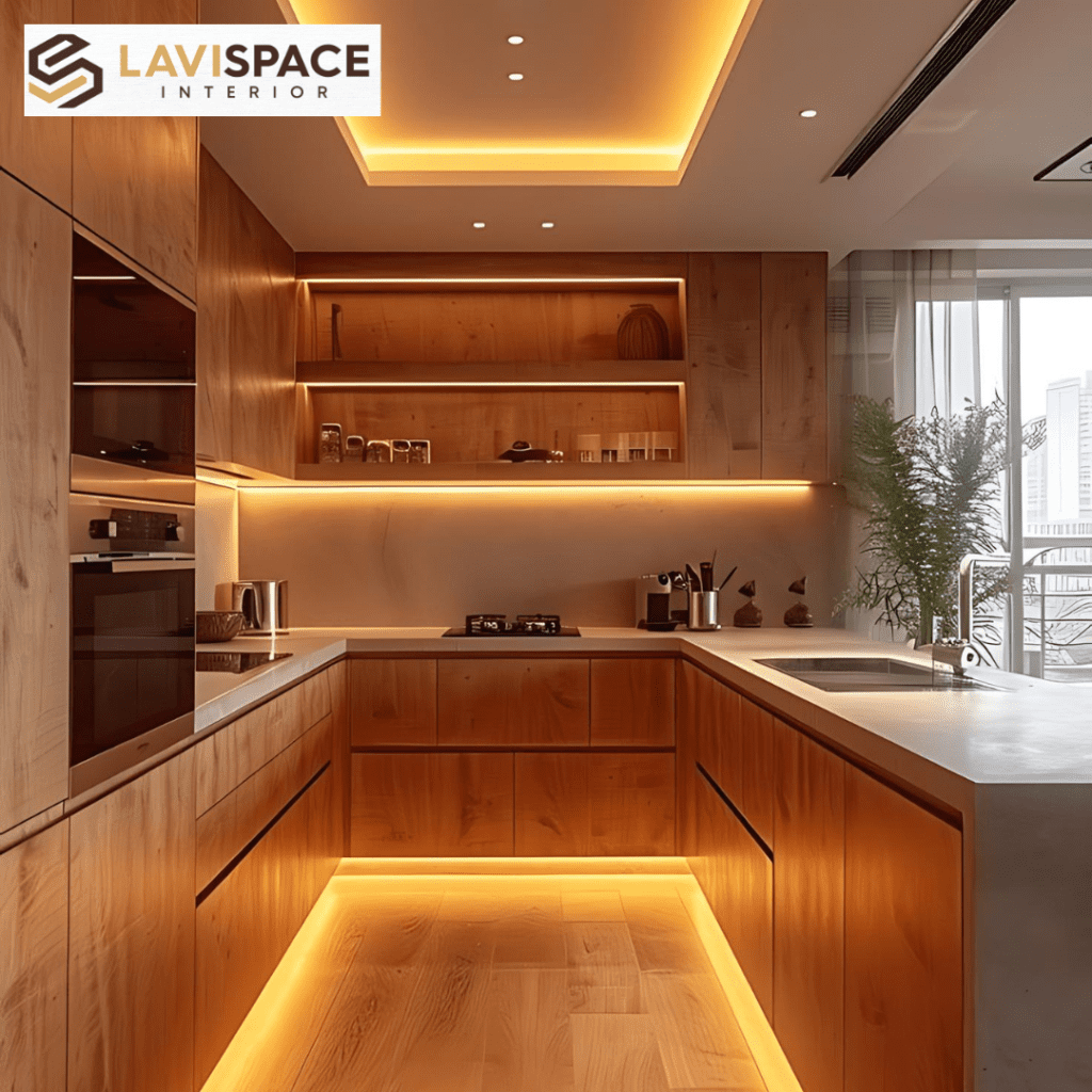 Modern kitchen with wooden cabinets, integrated lighting, and minimalist design.